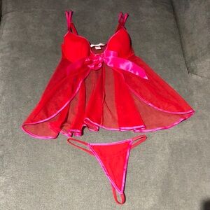 Vintage Victoria Secret Red Satin & Sheer Babydoll Lingerie Set w Thong-2pcSMALL